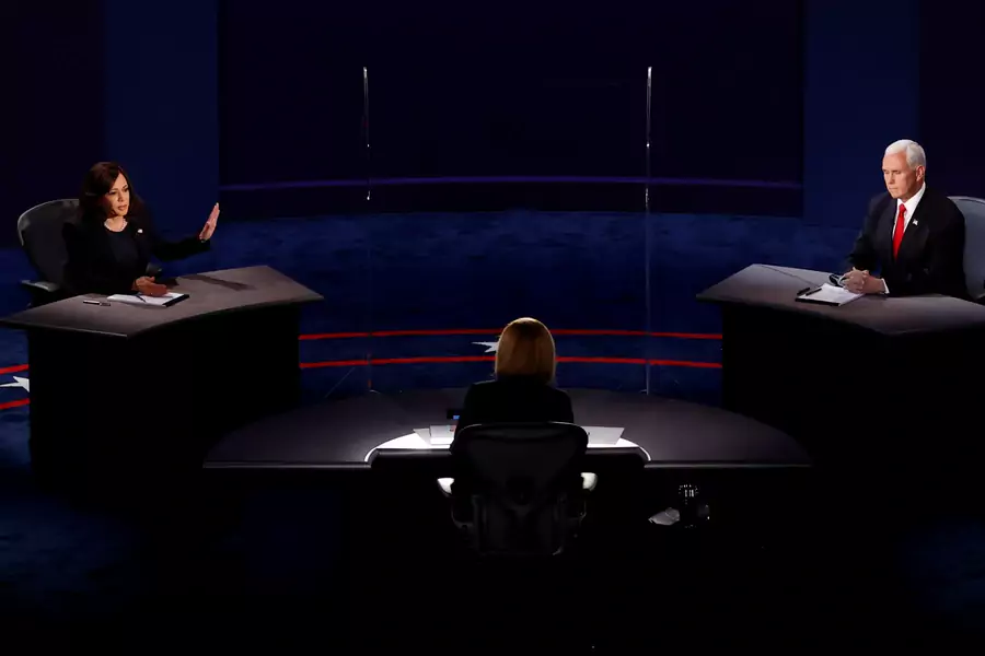 Senator Kamala Harris and Vice President Mike Pence participate in the vice-presidential debate in Salt Lake City, Utah, on October 7, 2020.