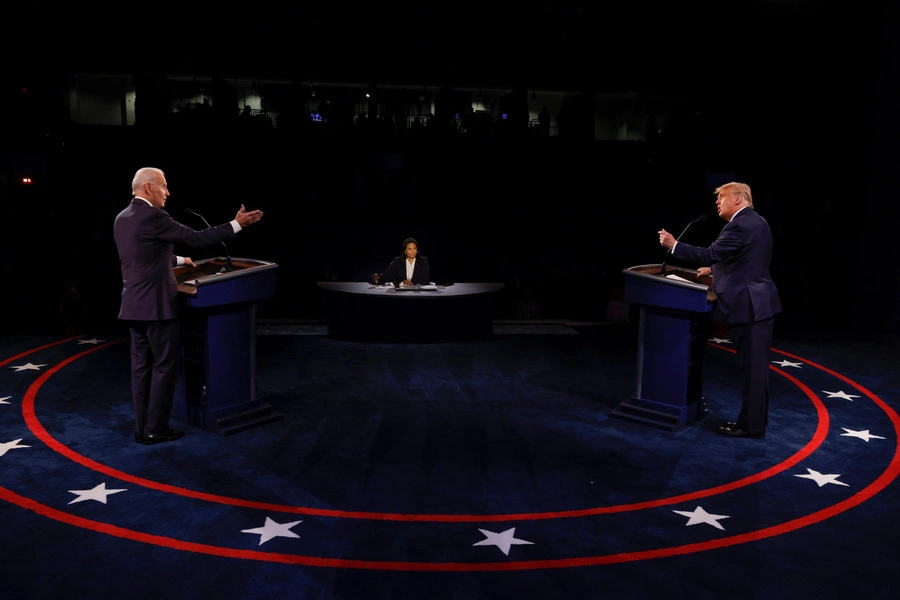 Former Vice President Joe Biden and President Donald Trump participate in the second presidential debate on October 22, 2020, in Nashville, Tennessee.