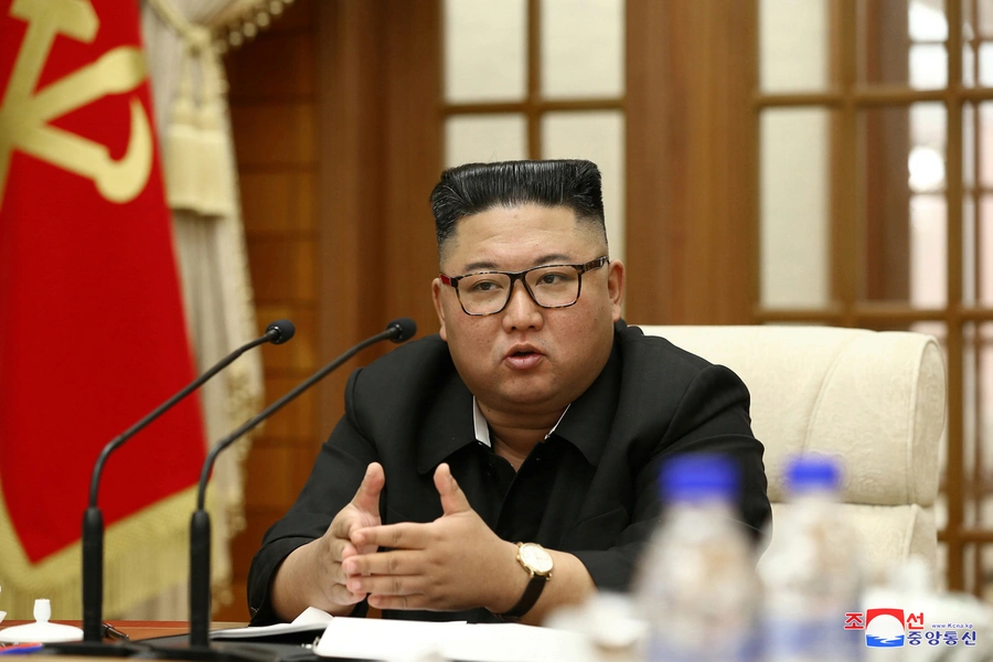 North Korea's leader Kim Jong-un speaks during the 18th Meeting of the Political Bureau of the 7th Central Committee of the Workers' Party of Korea (WPK), in this image released by North Korea's Korean Central News Agency (KCNA) on September 30, 2020. 