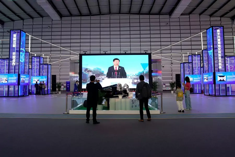 China's President Xi Jinping is shown on a screen during the World Internet Conference (WIC) in Wuzhen, Zhejiang province, China, on October 20, 2019.