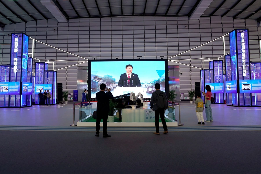 China's President Xi Jinping is shown on a screen during the World Internet Conference (WIC) in Wuzhen, Zhejiang province, China, on October 20, 2019.