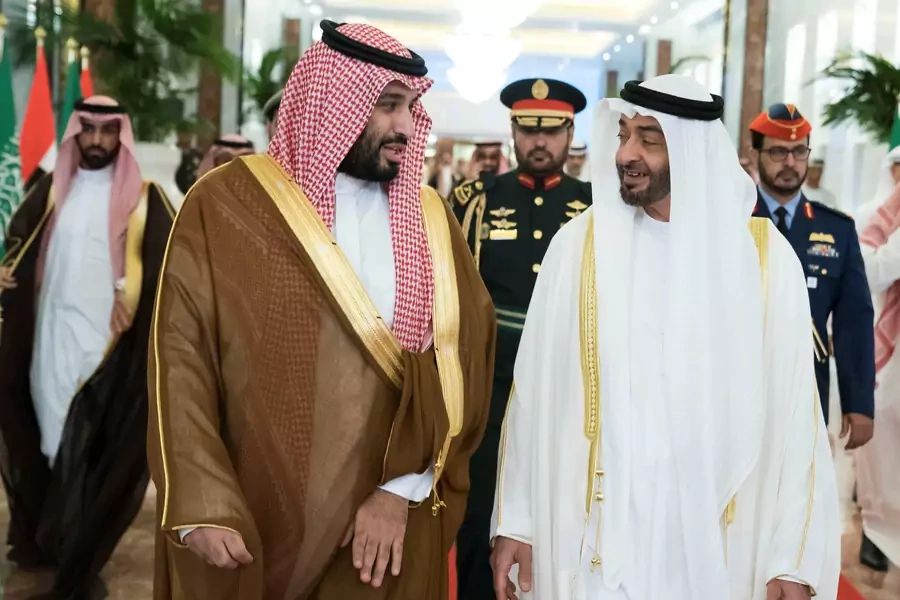 Abu Dhabi's Crown Prince Sheikh Mohammed bin Zayed al-Nahyan receives Saudi Crown Prince Mohammed bin Salman at the Presidential Airport in Abu Dhabi.