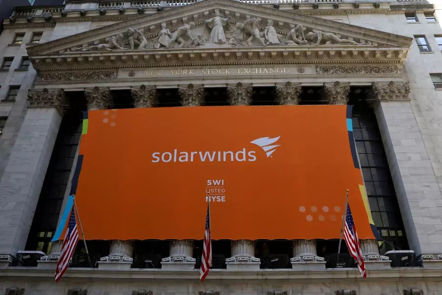 SolarWinds Corp banner hangs at the New York Stock Exchange.