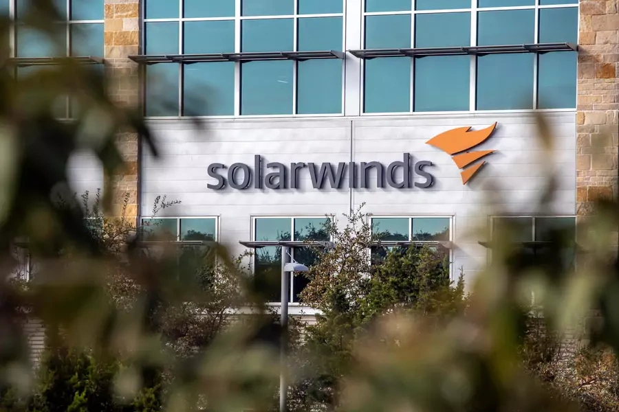 The SolarWinds logo is seen outside its headquarters.