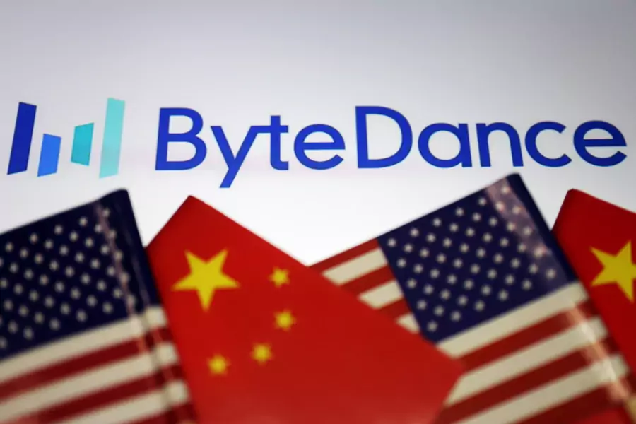 Flags of China and U.S. are seen near a ByteDance logo.