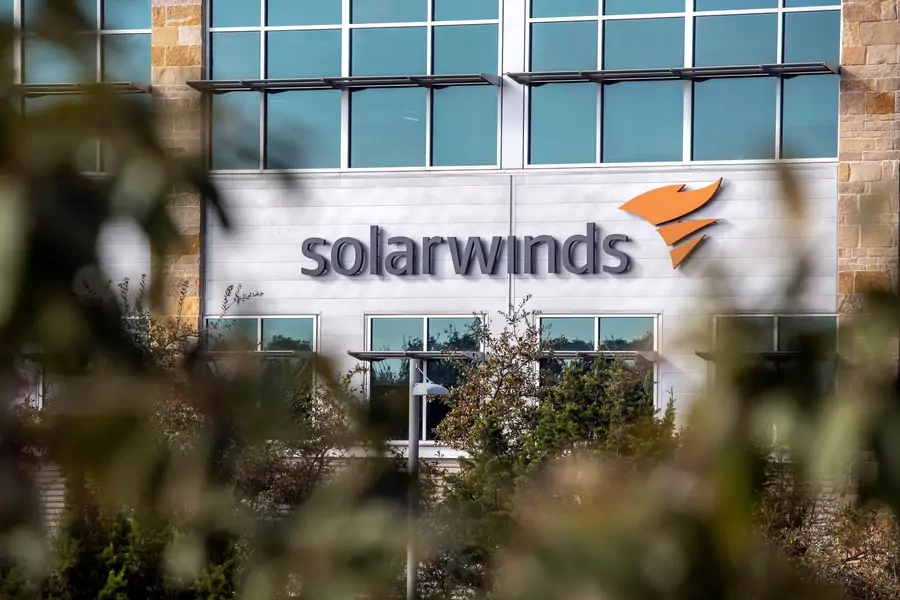 The SolarWinds logo is seen outside its headquarters in Austin, Texas.