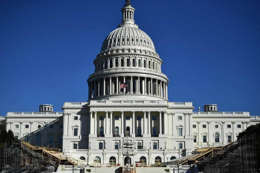 The presidential inaugural platform under construction in front of the U.S. Capitol on November 9, 2020. Brendan Smialowski/AFP/ via Getty Images.