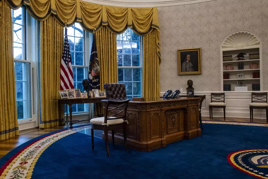 The Resolute desk pictured in the Oval Office on January 20, 2021. Bill O'Leary/The Washington Post via Getty Images.