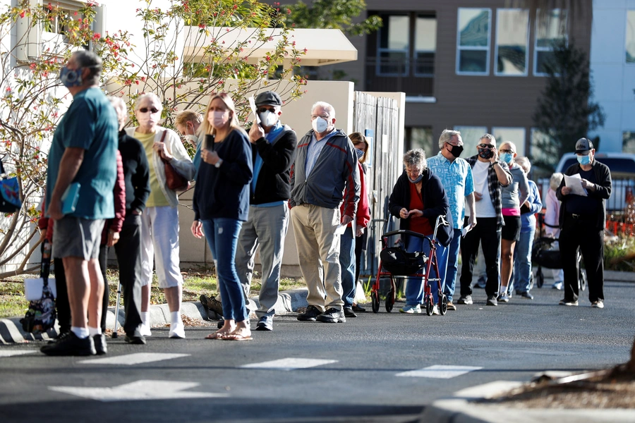 Seniors wait in line at the Department of Health Sarasota COVID-19 Vaccination Clinic.