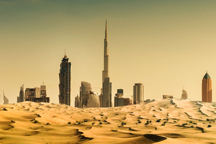 The skyline of Dubai, United Arab Emirates, is seen from the desert.