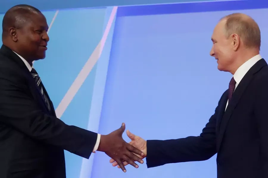 Russian President Vladimir Putin shakes hands with Central African Republic President Faustin Touadera during a welcome ceremony for heads of state and government at the Russia-Africa Summit in the Black Sea resort of Sochi, Russia on October 23, 2019.