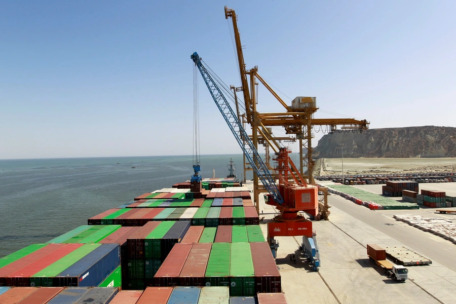 A container is loaded on to the Cosco Wellington, the first container ship to depart after the inauguration of the China-Pakistan Economic Corridor port in Gwadar, Pakistan, on November 13, 2016.