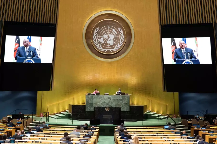 Uhuru Kenyatta, President of Kenya, speaks virtually during the 75th annual UN General Assembly, which was held mostly virtually due to the COVID-19 pandemic, New York, United States, September 23, 2020.