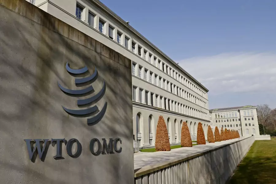 A logo is pictured on the World Trade Organization headquarters in Geneva, Switzerland on March 4, 2021. 