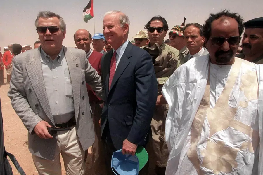 UN Special Envoy James Baker with Polisario Front leader Mohamed Abdelaziz after he landed in a refugee camp in Algeria on April 27, 1997. Baker arrived on the last leg of a tour of northern Africa to tackle the dispute over control of Western Sahara.