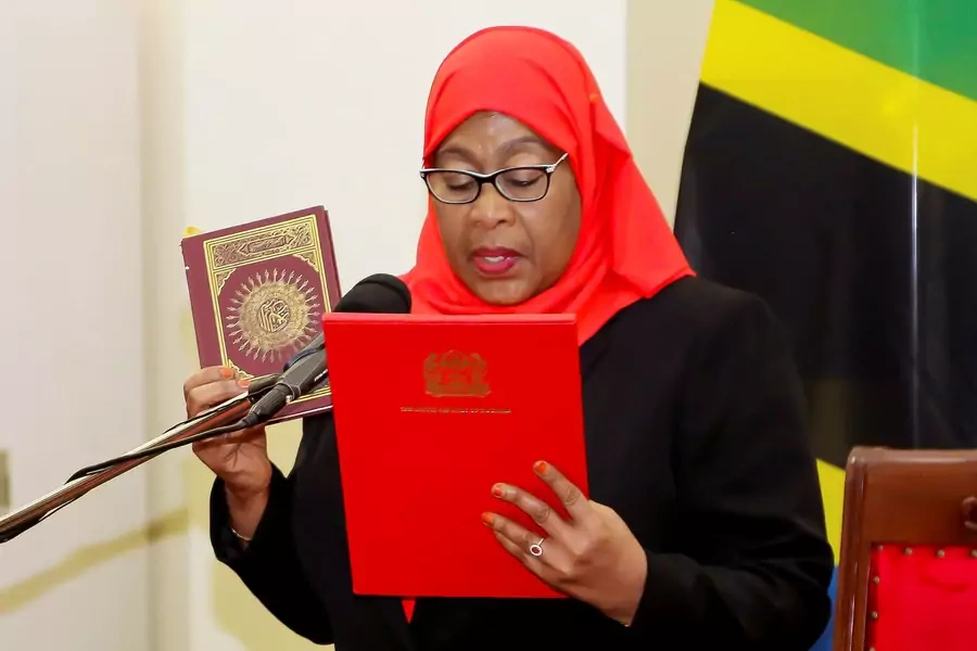 Samia Suluhu Hassan, the first woman president of Tanzania, takes her oath of office following the death of her predecessor. 