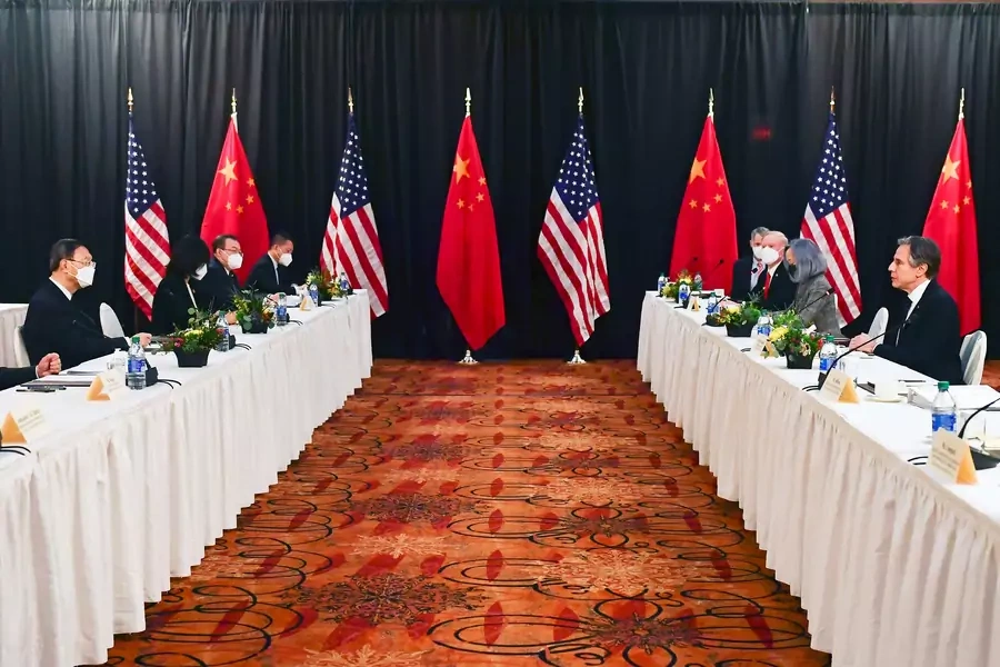 U.S. Secretary of State Antony Blinken and U.S. National Security Advisor Jake Sullivan speak at the opening session of U.S.-China talks in Anchorage, Alaska, on March 18, 2021.