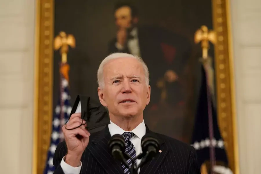 U.S. President Joe Biden delivers remarks on the state of COVID-19 vaccinations from the State Dining Room at the White House in Washington, D.C., on April 6, 2021. 