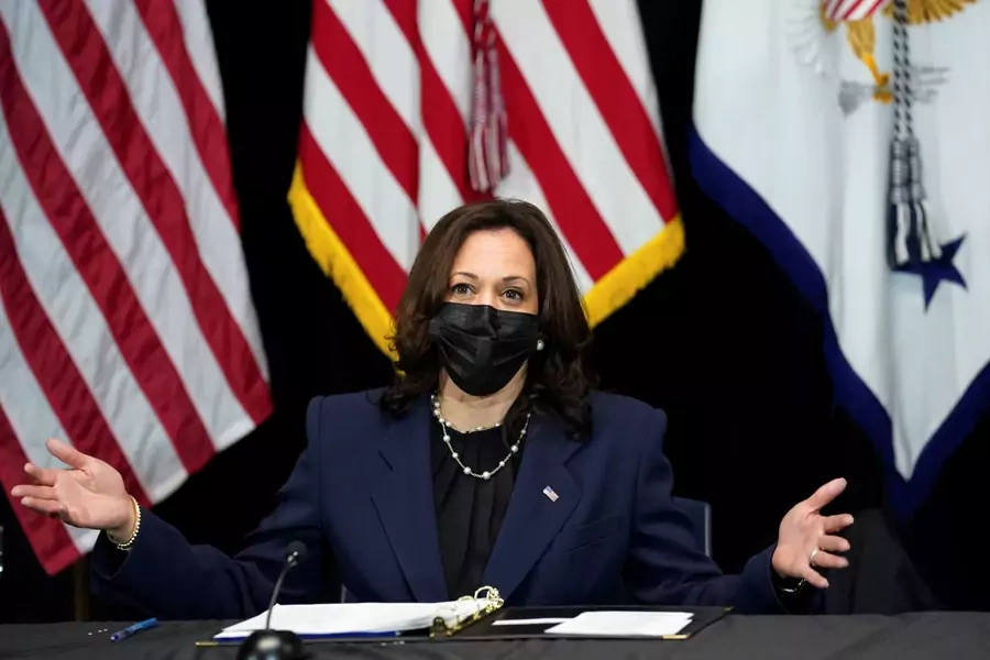 U.S. Vice President Kamala Harris addresses the media after participating in an event with women small business owners in Rhode Island. 