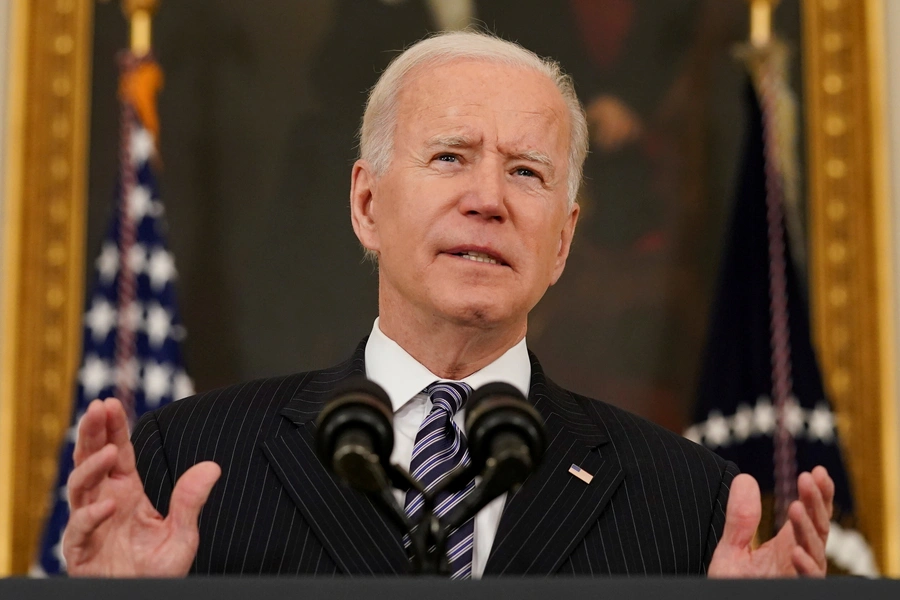 U.S. President Joe Biden delivers remarks from the State Dining Room at the White House in Washington, D.C., on April 6, 2021.