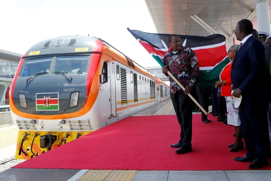 Kenyan President Uhuru Kenyatta stands at the Nairobi Terminus, which operated the Standard Gauge Railway line constructed by the China Road and Bridge Corporation and financed by the Chinese government, on October 16, 2019.