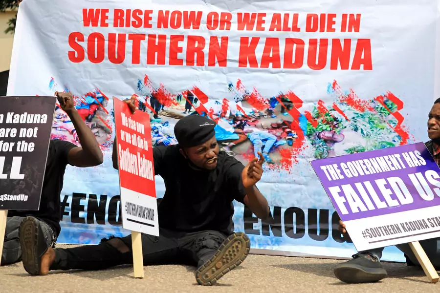 People gather to protest the incessant killings in southern Kaduna and insecurities in Nigeria, at the U.S. embassy in Abuja, Nigeria on August 15, 2020.
