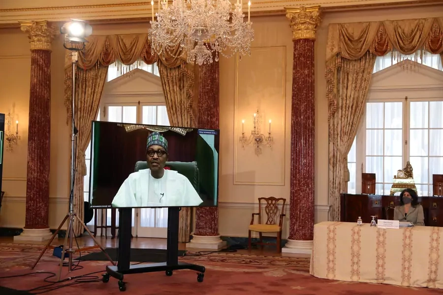 Nigeria's President Muhammadu Buhari is seen as he participates in a virtual bilateral meeting with U.S. Secretary of State Antony Blinken at the State Department in Washington, D.C., United States on April 27, 2021.