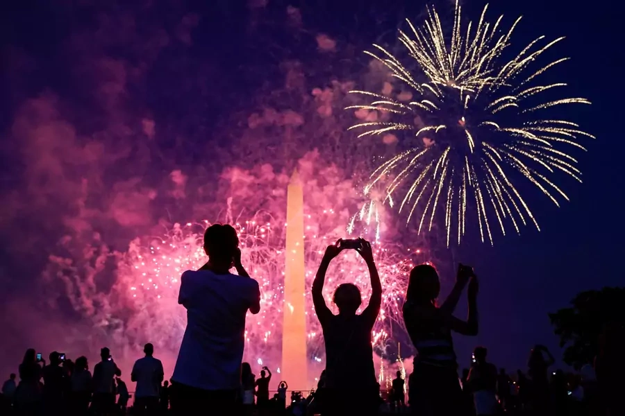 Spectators watching fireworks at the Washington Monument on July 4, 2020.