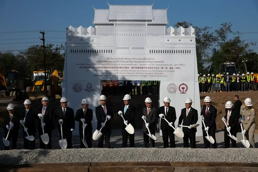 Thailand's Prime Minister Prayuth Chan-ocha (C) and Wang Xiaotao (C-L) take part during the groundbreaking ceremony on the Bangkok-Nong Khai high speed rail development in Nakhon Ratchasima Province, Thailand, on December 21, 2017.