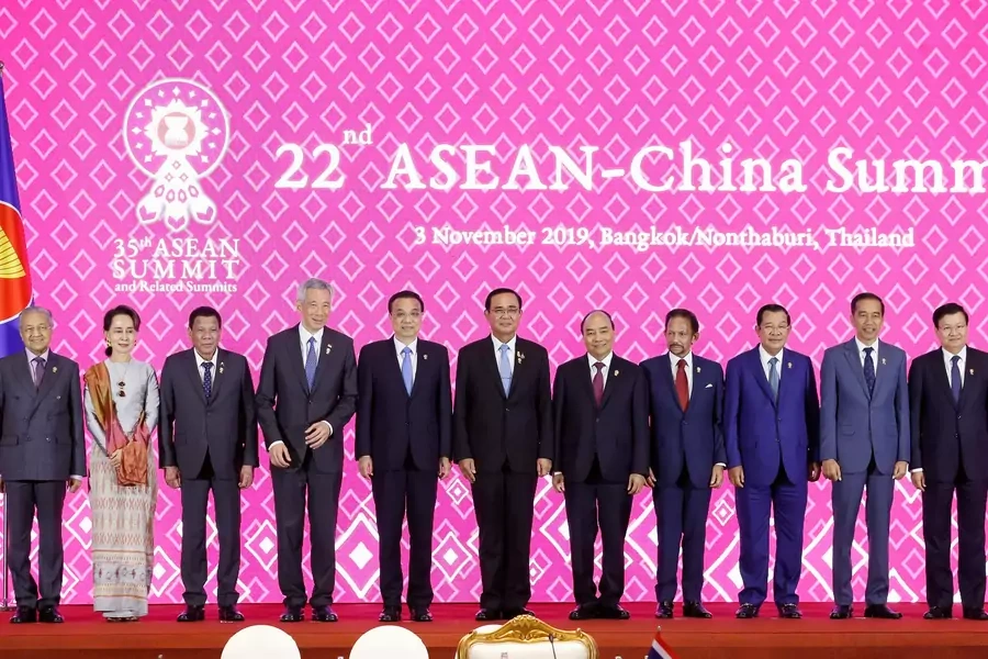 Leaders pose for a family photo at the ASEAN-China Summit with Chinese Premier Li Keqiang on the sidelines of the 35th ASEAN Summit in Bangkok, Thailand, on November 3, 2019.