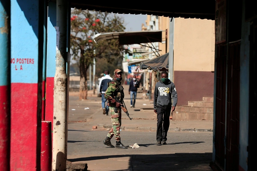 A soldier patrols the streets ahead of planned anti-government protests during a COVID-19 outbreak in Harare, Zimbabwe on July 30, 2020.