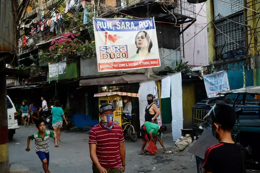 A banner showing support for Davao City Mayor Sara Duterte to run for president is seen in a community in Manila, Philippines, on April 9, 2021.