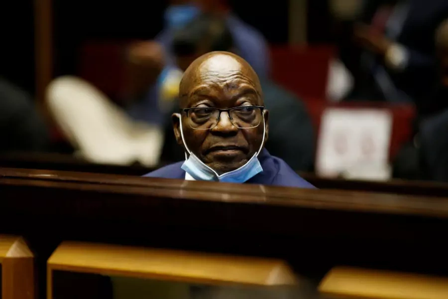 Former South African President Jacob Zuma sits in the dock after recess in his corruption trial in Pietermaritzburg, South Africa on May 26, 2021.