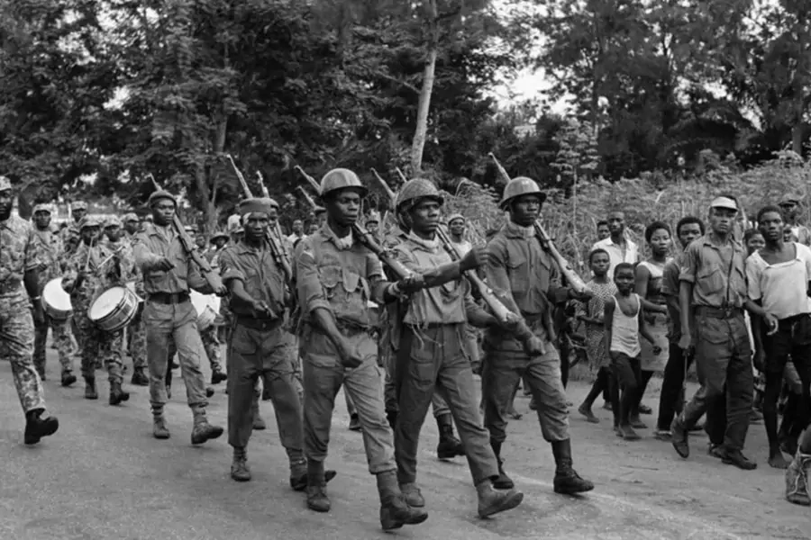 Soldiers fighting for the breakaway Republic of Biafra march during the Nigerian Civil War, fought from 1967 to 1970.
