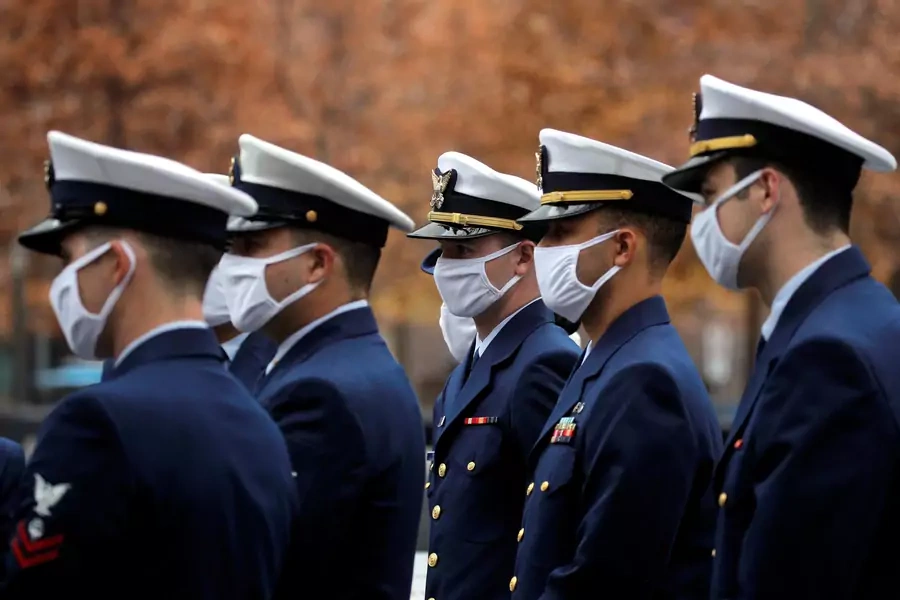 The Coast Guard Honor Guard at the 9/11 Memorial in New York City on Veterans Day 2020.