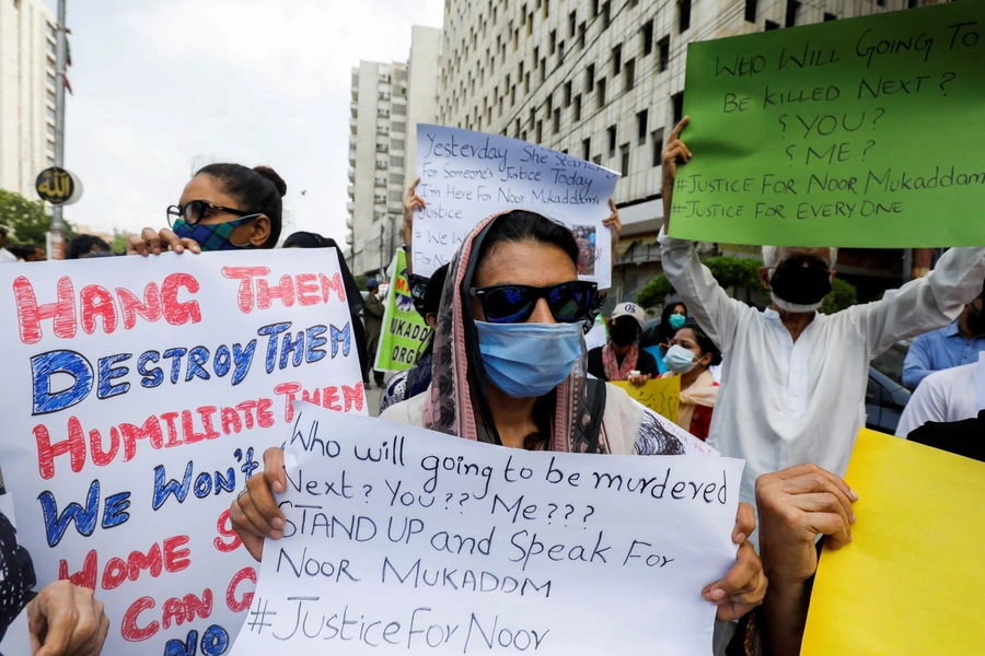 Pakistani women in Karachi protest violence against women and the recent murder of Noor Mukadam. 