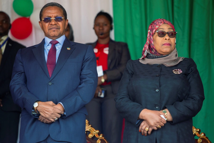 Former Tanzanian President Jakaya Kikwete and Tanzania's then-Vice President Samia Suluhu Hassan attend the inauguration ceremony of Burundi's President elect Evariste Ndayishimiye at the Ingoma stadium in Gitega, Burundi June 18, 2020.