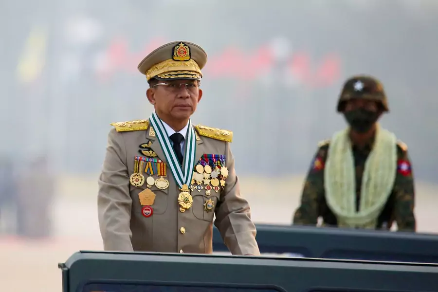 Myanmar's military ruler Min Aung Hlaing presides over an army parade on Armed Forces Day in Naypyitaw, Myanmar, on March 27, 2021.