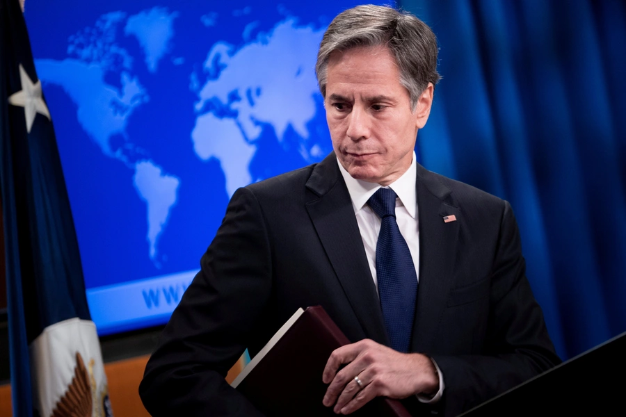 U.S. Secretary of State Antony Blinken leaves after speaking during a briefing at the State Department in Washington, U.S. on August 2, 2021.