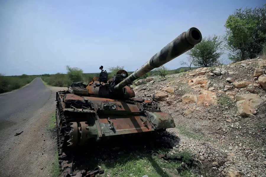 A tank damaged during the fighting between Ethiopia's National Defense Force and Tigray Special Forces stands on the outskirts of Humera town in Ethiopia on July 1, 2021.