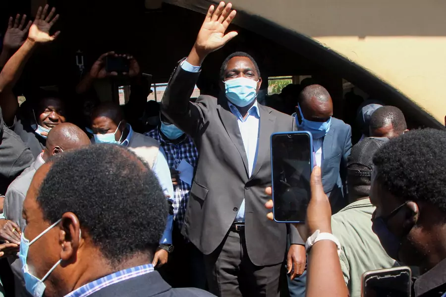 Opposition UPND party's presidential candidate Hakainde Hichilema waves to supporters after casting his ballot in Lusaka, Zambia on August 12, 2021.