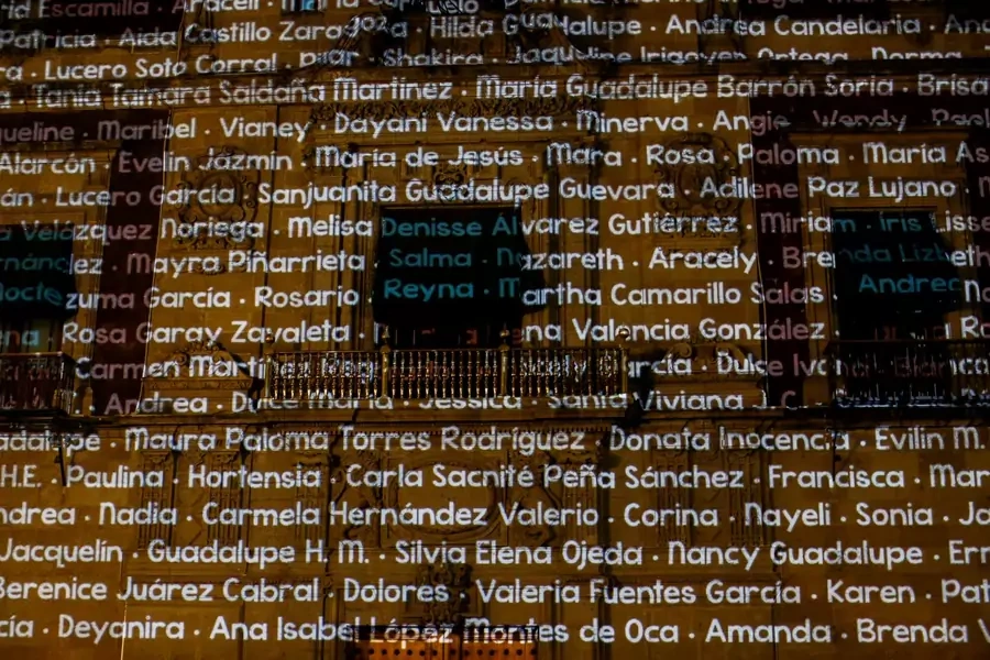 During a protest led by family members of femicide victims in Mexico, the names of murdered women are projected on the National Palace. 