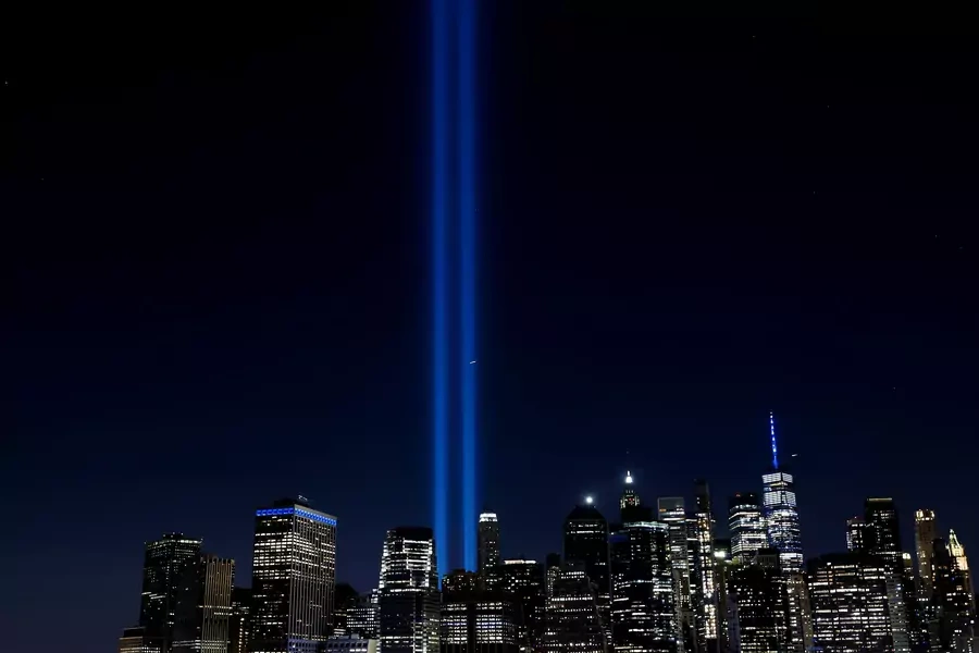 The Tribute in Light art installation is seen from the New York City skyline on September 11, 2021. 