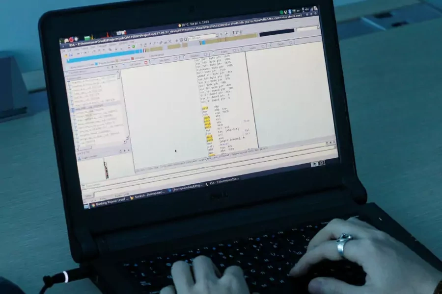 A view shows a laptop display showing part of a code, which is the component of Petya malware computer virus according to representatives of Ukrainian cyber security firm ISSP, at the firm's office in Kiev.