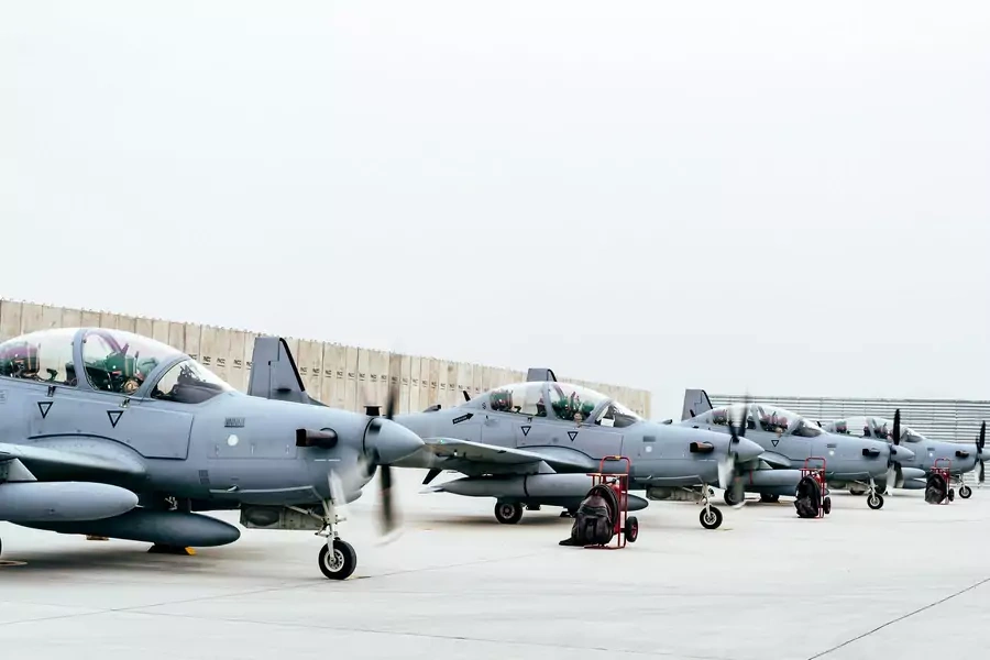 Four A-29 Super Tucanos arrive before the beginning of the 2017 fighting season at Kabul Air Wing, Kabul, Afghanistan on March 20, 2017.