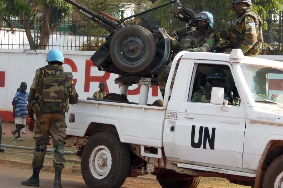 UN peacekeepers patrol a street in Bangui during the 2015 presidential election in the Central African Republic.