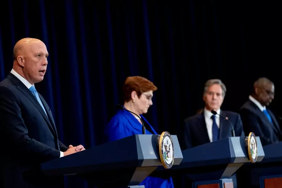 Australian Minister of Defense Peter Dutton, Australian Foreign Minister Marise Payne, U.S Secretary of State Antony Blinken, and U.S. Secretary of Defense Lloyd Austin attend a news conference at the State Department on September 16, 2021.