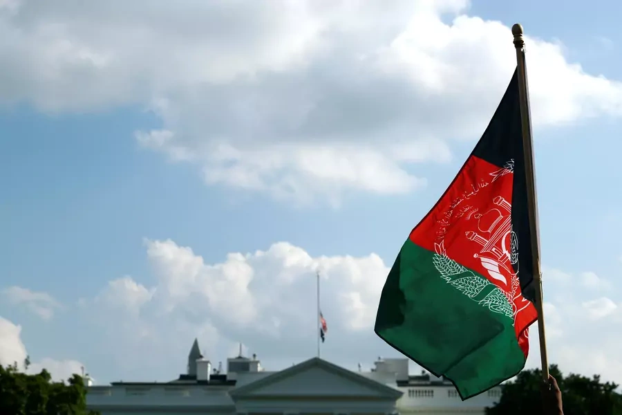 An Afghan flag flying in front of the White House on August 28, 2021.
