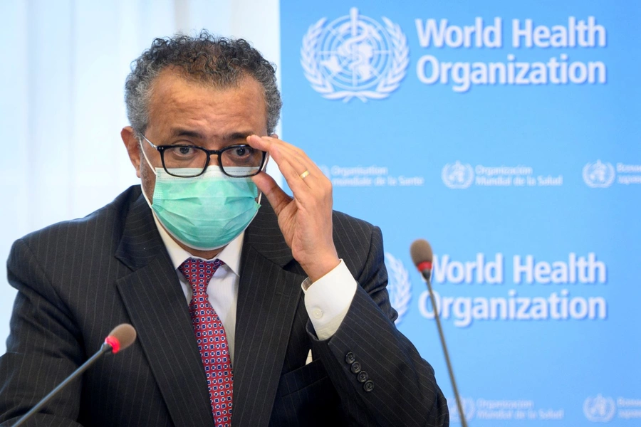 WHO Director speaks at a meeting alongside the opening of the 2021 World Health Assembly at WHO headquarters in Geneva.