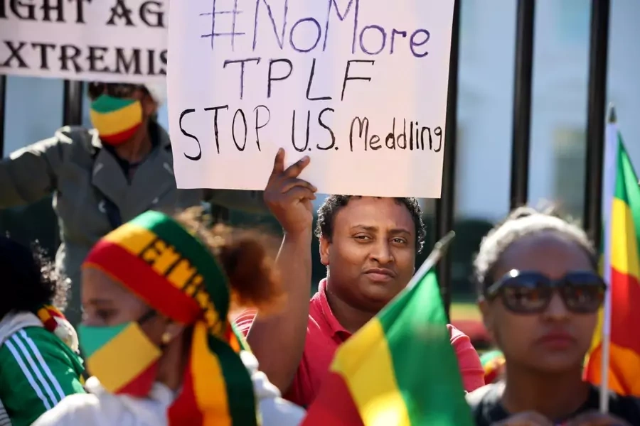 Demonstrators hold a protest to denounce the United States stance on the conflict in Ethiopia, outside the White House in Washington, D.C., U.S. on November 8, 2021.